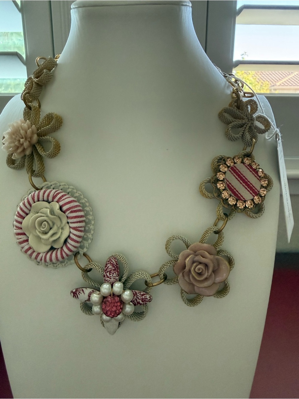 Lenora Dame Vintage Red, Pink Floral Statement Necklace with Gold-Tone Chain